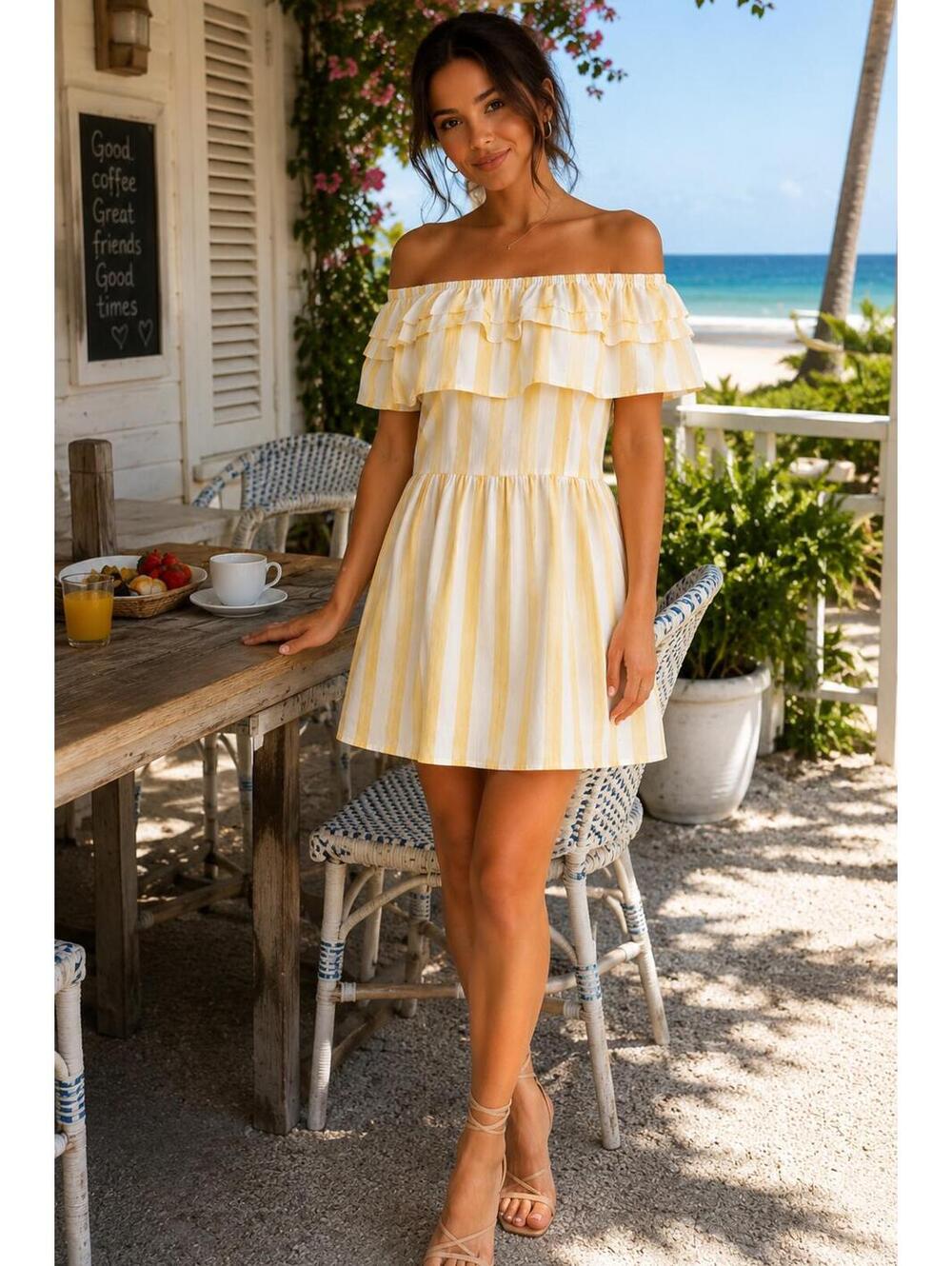 Lulus Yellow White Stripe Off Shoulder Ruffle Mini Dress Women’s Size Small